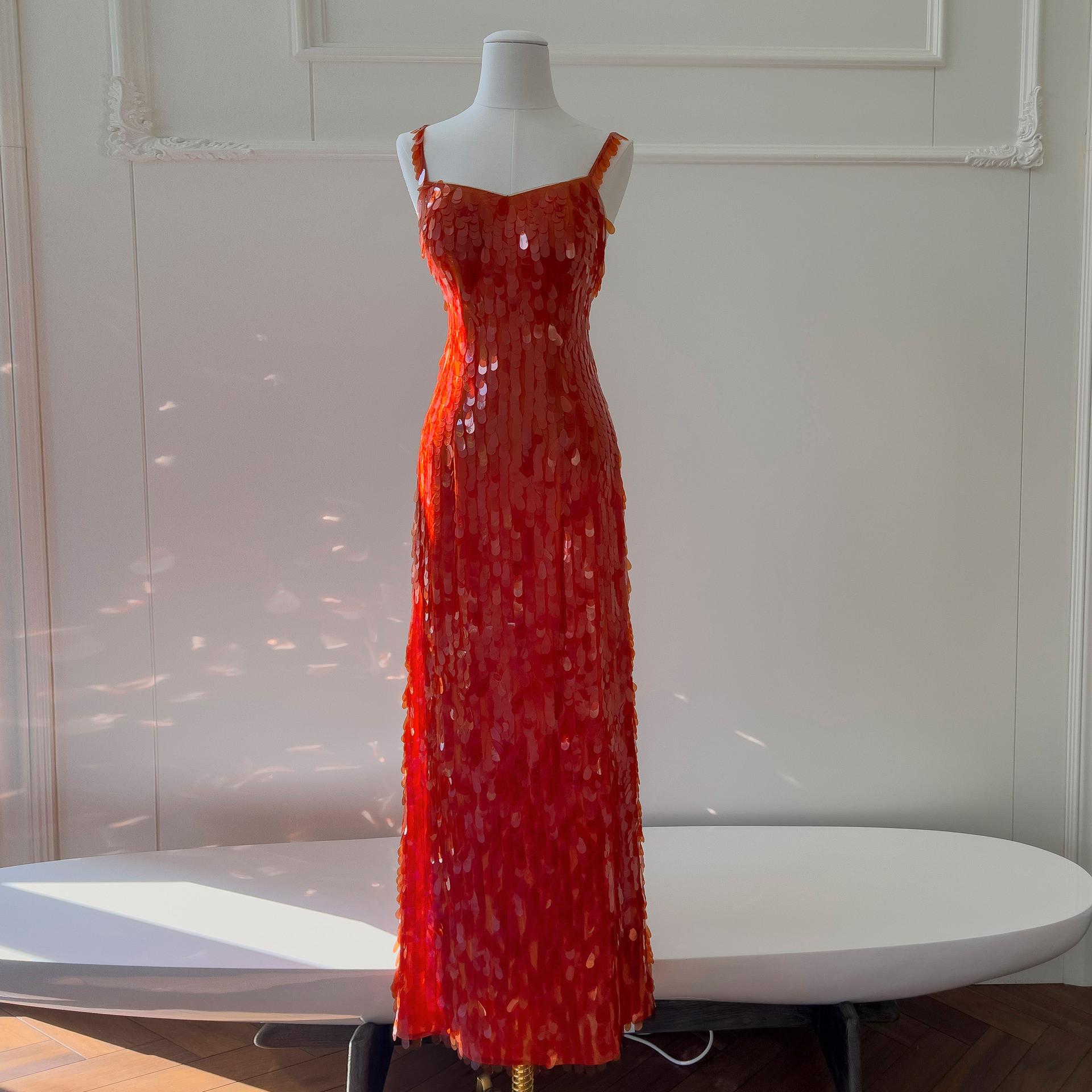 スパンコールドレス ウェディングドレス パーティー オレンジ ノースリーブ 綺麗 上品 韓国風 お呼ばれ 69396