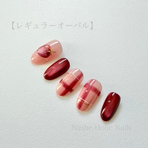 ぷっくりいちご×チェックの深色ルビー- 赤 ベージュ 短め マグ 韓国