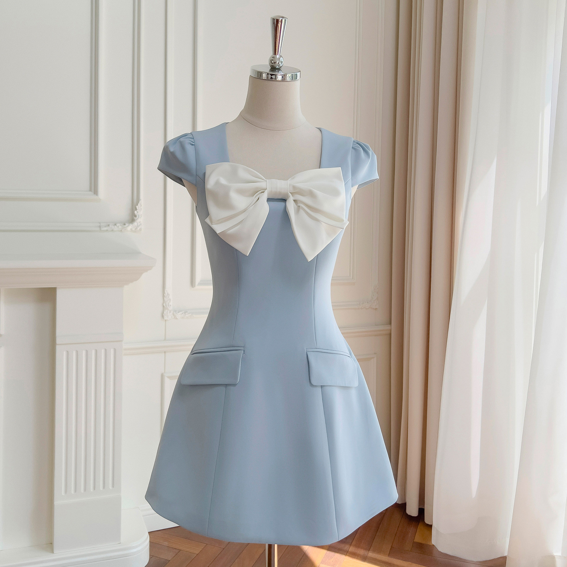 ショート丈ドレス ウェディングドレス パーティー 青 リボン Aライン プリンセス可愛い上品韓国風 お呼ばれ 69409