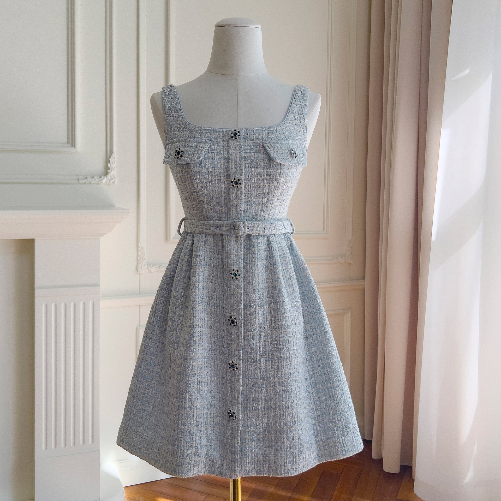 ツイードドレス ウェディングドレス パーティー 青 ショート丈 プリンセス ノースリーブ上品韓国風 お呼ばれ 69392