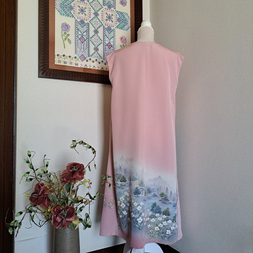 ☆ 着物リメイク/訪問着/正絹/ノースリーブ/Vネックワンピース