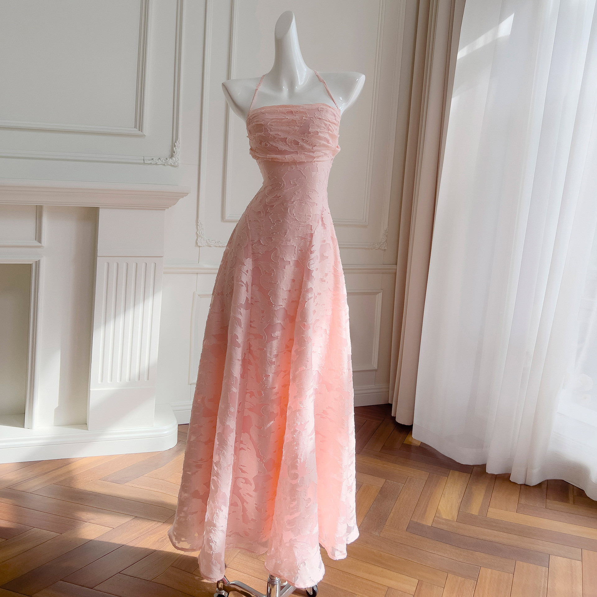 ロングドレス ウェディングドレス パーティー ピンク ノースリーブ ワンピース 綺麗 上品 韓国風 お呼ばれ 69405