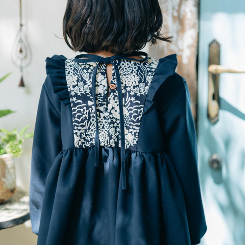 入学式】フラワー刺繍切替 ネイビー フリル ワンピース 90 100 110 120