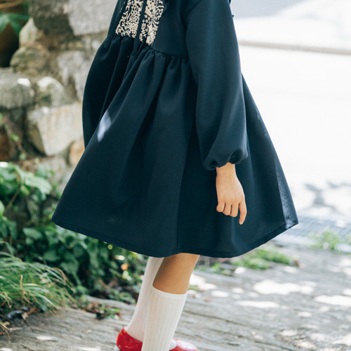 入学式】フラワー刺繍切替 ネイビー フリル ワンピース 90 100 110 120