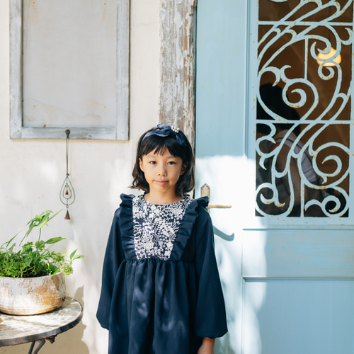 入学式】フラワー刺繍切替 ネイビー フリル ワンピース 90 100 110 120