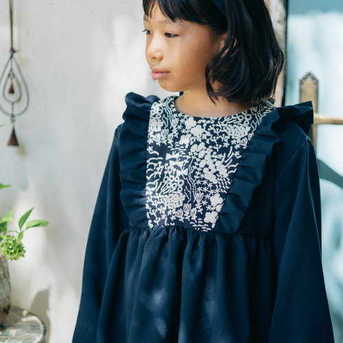 入学式】フラワー刺繍切替 ネイビー フリル ワンピース 90 100 110 120