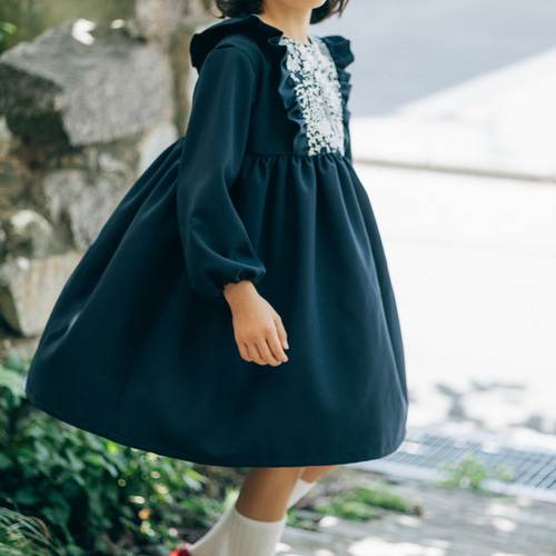 入学式】フラワー刺繍切替 ネイビー フリル ワンピース 90 100 110 120