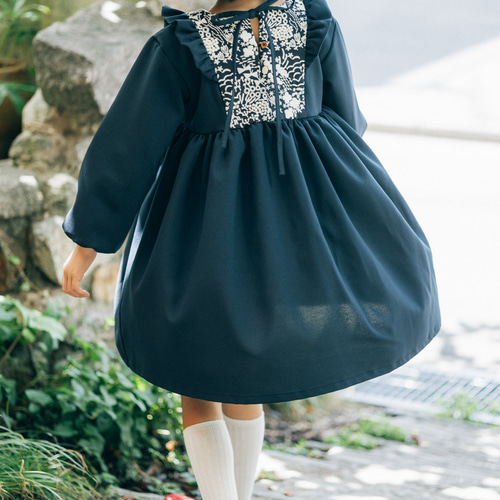 入学式】フラワー刺繍切替 ネイビー フリル ワンピース 90 100 110 120