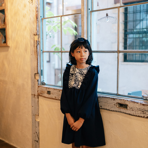 入学式】フラワー刺繍切替 ネイビー フリル ワンピース 90 100 110 120