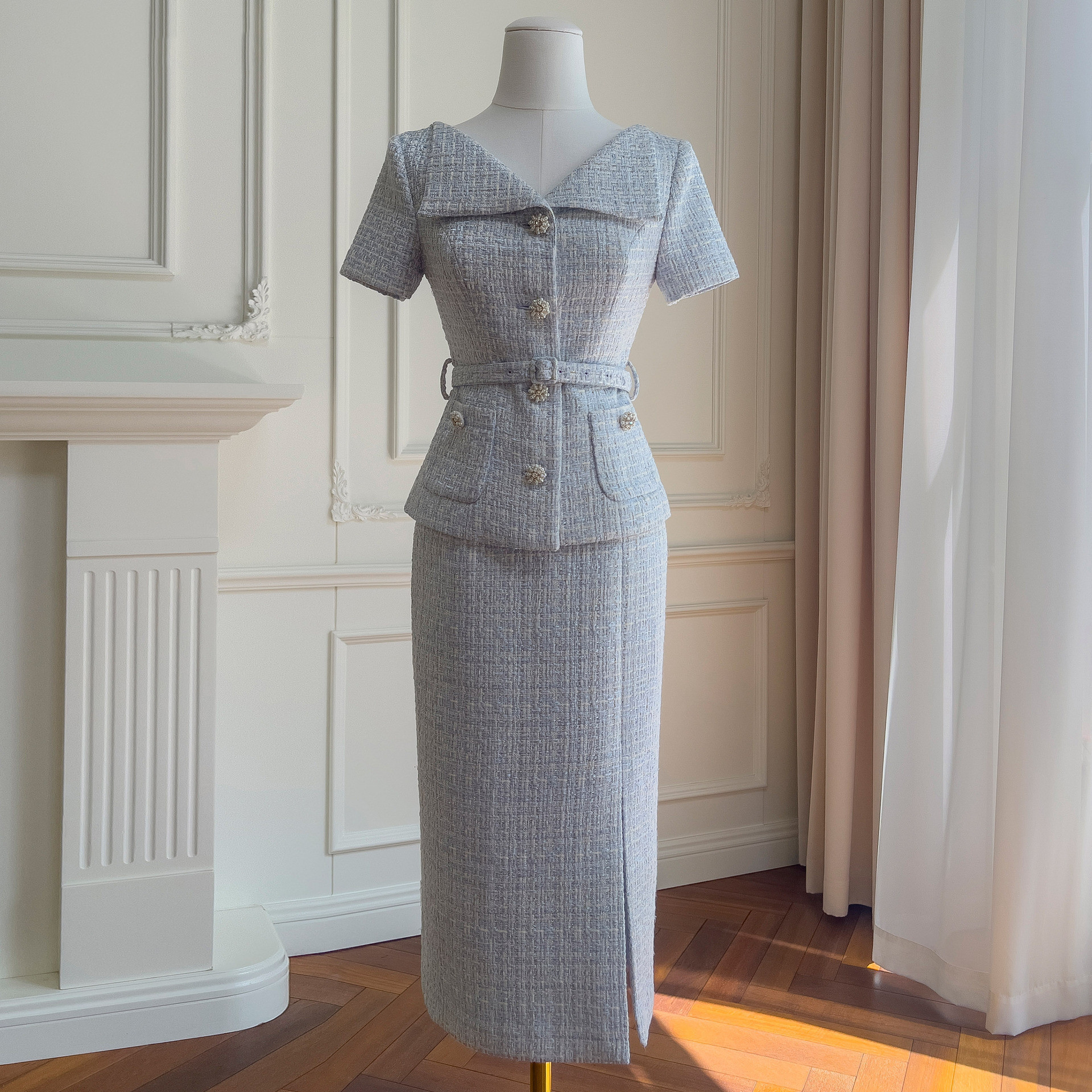 上下セット ウェディングドレス パーティー 青 ツイード 半袖 ハイウエスト 高級感 上品 韓国風 お呼ばれ 71485