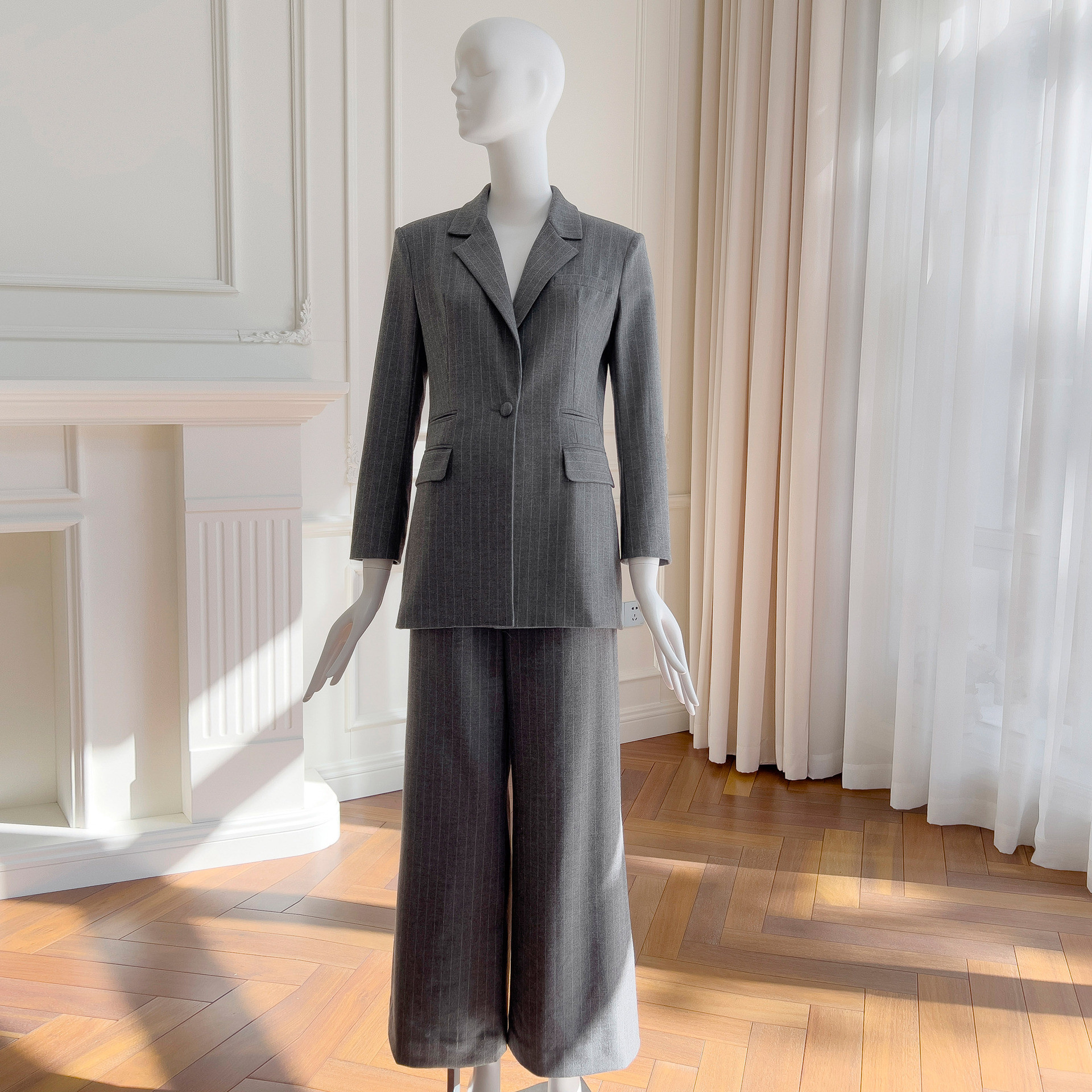 上下セット ウェディングドレス 秋冬 通勤 スーツ アウター パンツ グレー 上品 韓国風 お呼ばれ 91594