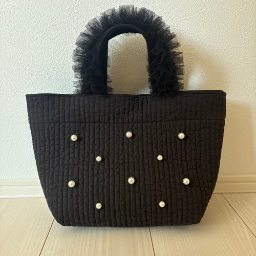 フリル付きヌビトートバッグ 2way ヌビバッグ ブラック ハンドメイド
