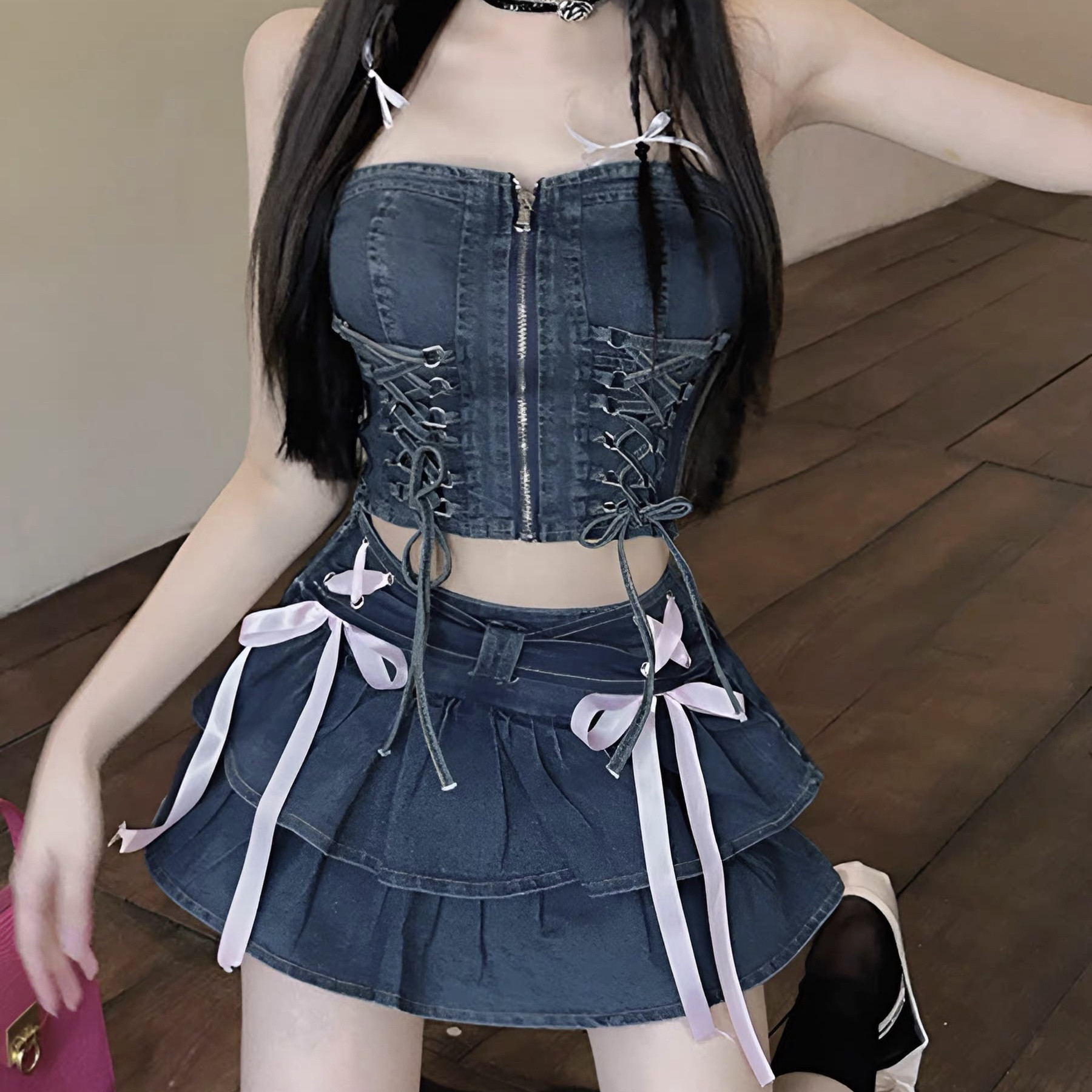 チューブトップ/ケーキハーフスカート/レディース/甘ロリ/ホットガール/カウボーイ/上下セット