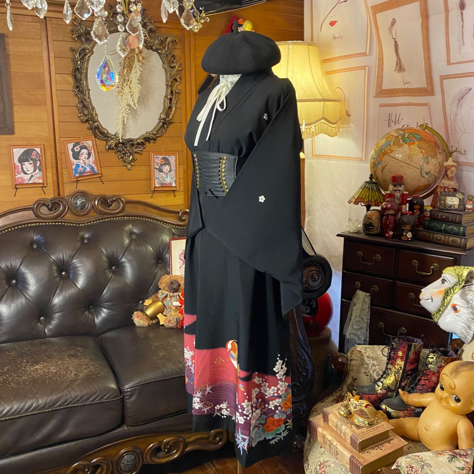 和洋折衷 黒留袖 着物 リメイク ワンピース ドレス 洗える 化繊　紅〜葡萄色のぼかし×流水文、白梅や四季花TKW-67