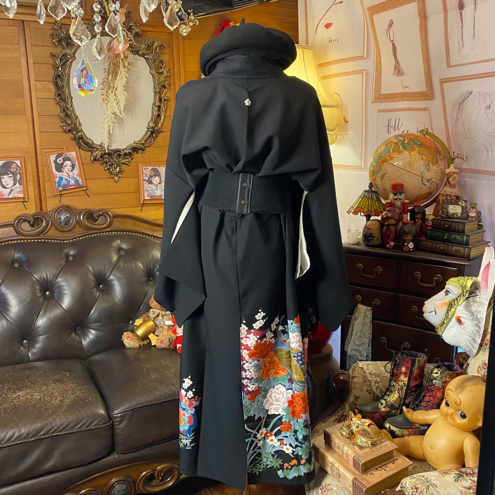 和洋折衷 黒留袖 着物 リメイク ワンピース ドレス 洗える 化繊　紅〜葡萄色のぼかし×流水文、白梅や四季花TKW-67