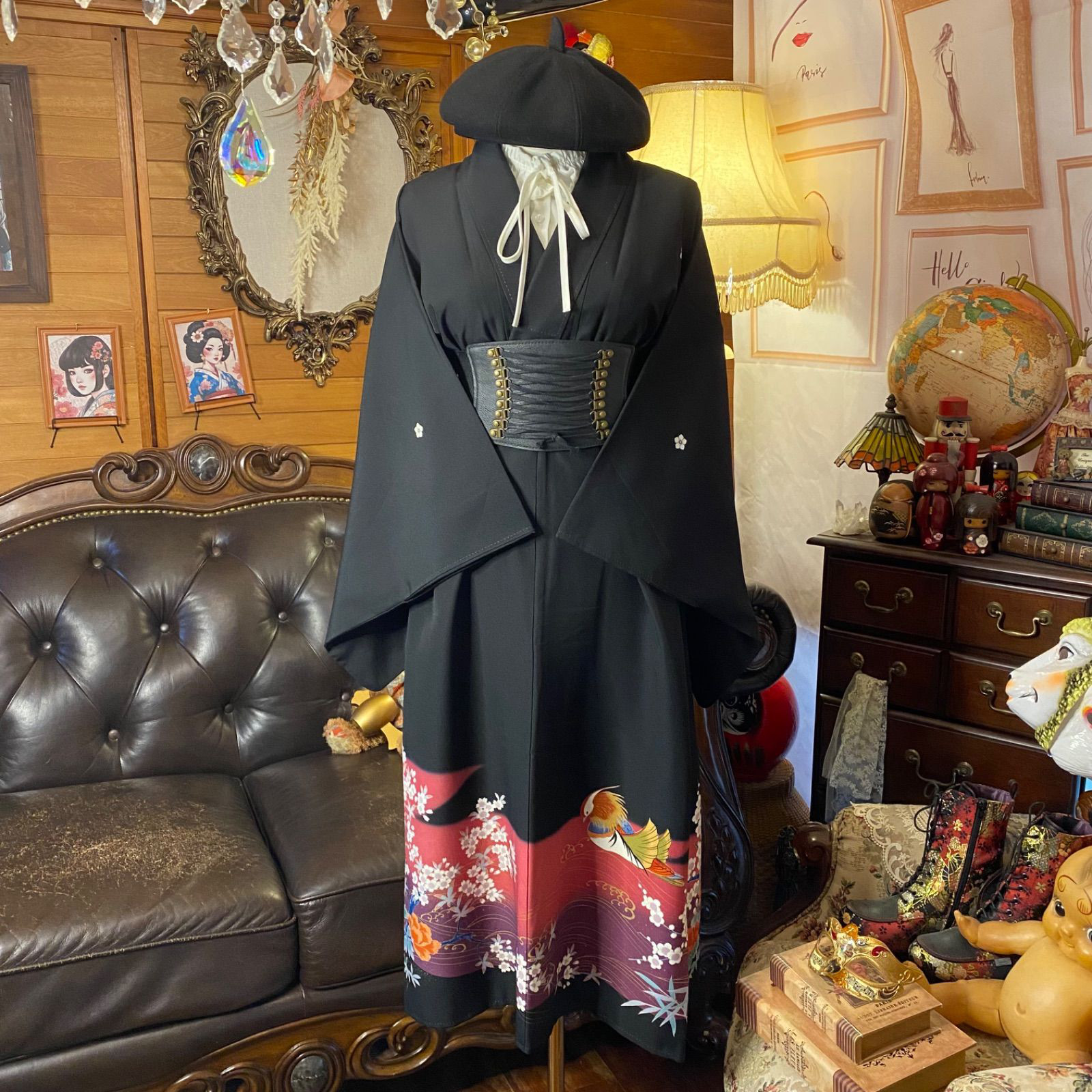 和洋折衷 黒留袖 着物 リメイク ワンピース ドレス 洗える 化繊　紅〜葡萄色のぼかし×流水文、白梅や四季花TKW-67