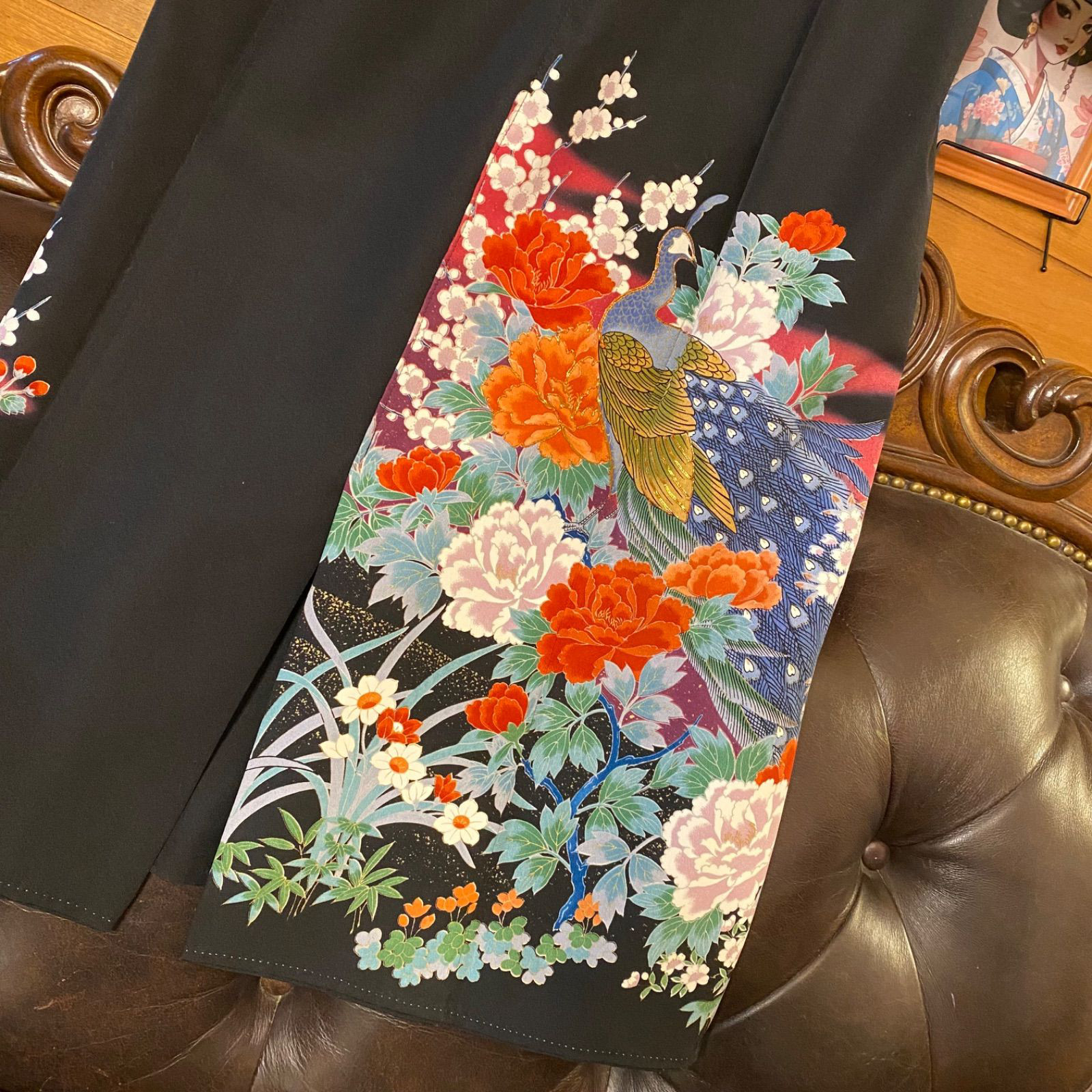 和洋折衷 黒留袖 着物 リメイク ワンピース ドレス 洗える 化繊　紅〜葡萄色のぼかし×流水文、白梅や四季花TKW-67