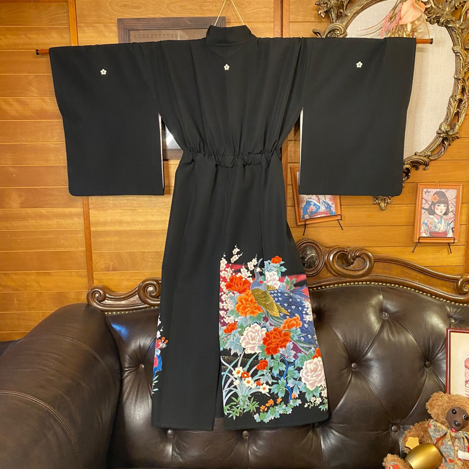 和洋折衷 黒留袖 着物 リメイク ワンピース ドレス 洗える 化繊　紅〜葡萄色のぼかし×流水文、白梅や四季花TKW-67