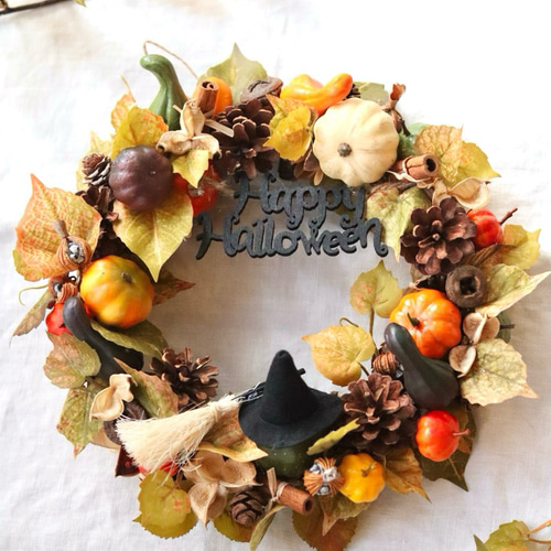 大人可愛いハロウィンリース♪アーティフィシャルフラワーリース♪ 大阪のフラワーのワークショップ：大人かわいいハロウィンリース