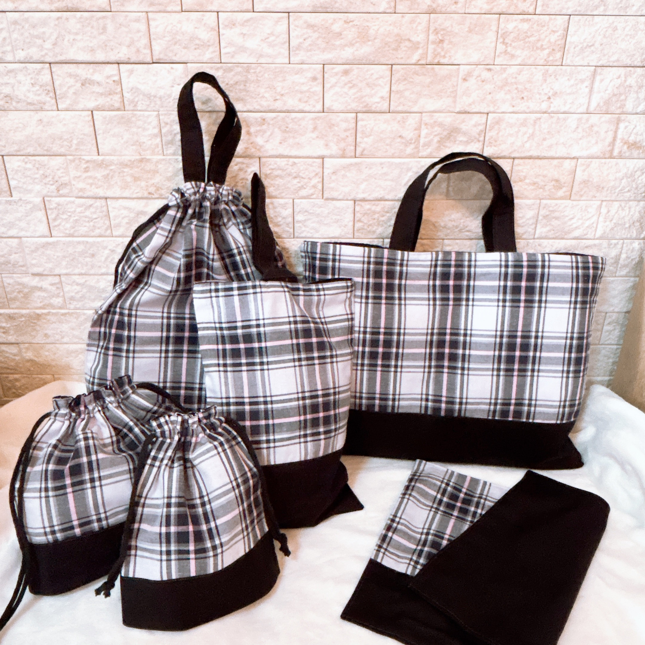 6点セット/チェック柄/入園入学グッズ/コップ袋/お弁当袋/ランチョンマット/レッスンバッグ/シューズ入れ/お着替え袋