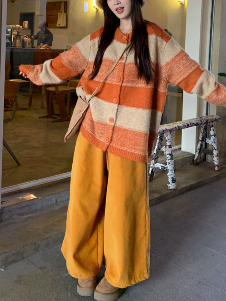 秋冬レディースオレンジ色縞模様長袖ニットコート【返品・交換可】品質最優先25-241