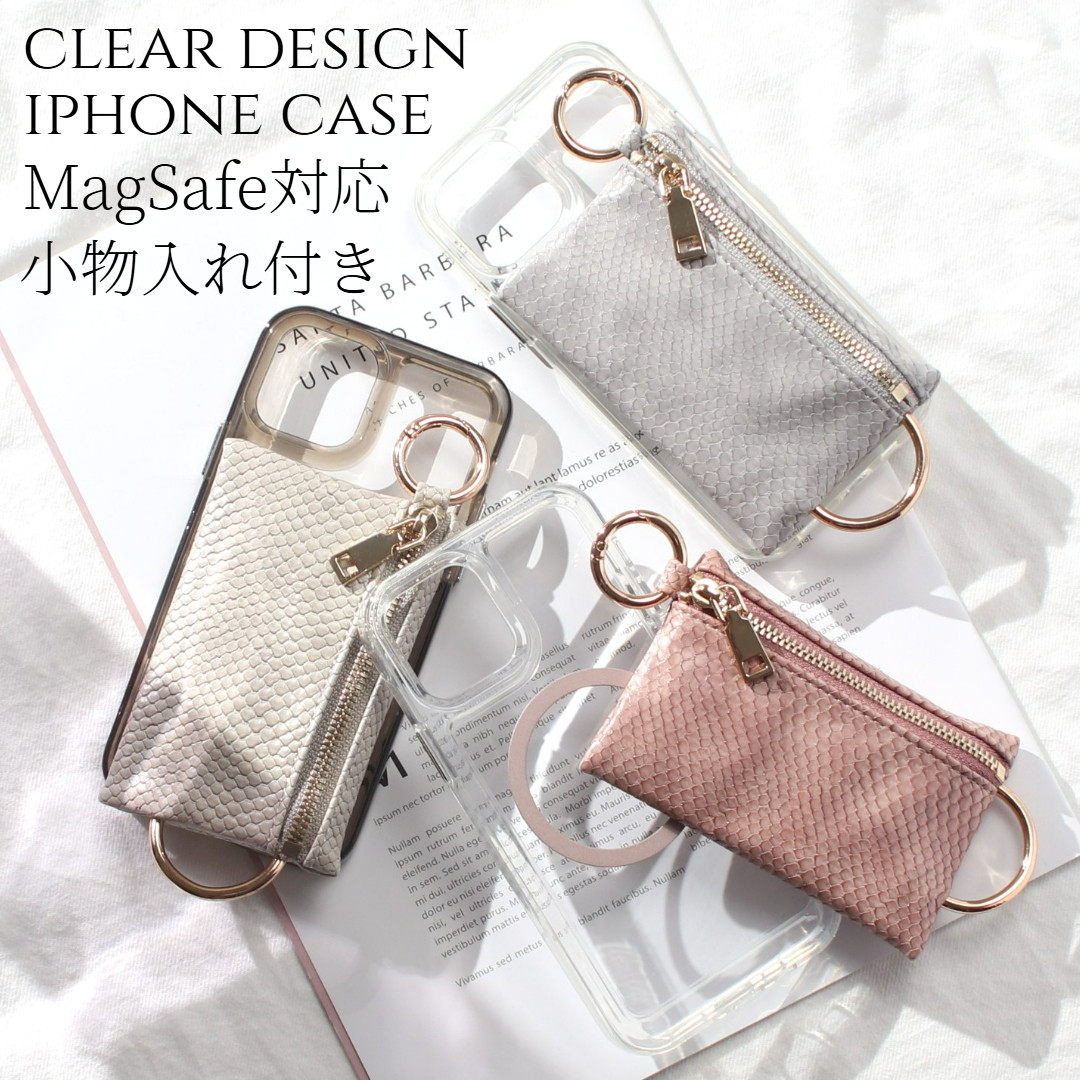 iPhone15 ケース クリア 小銭入れ 15Plus 15Pro MAX マグセーフ ヘビ柄 カード収納 財布 上品