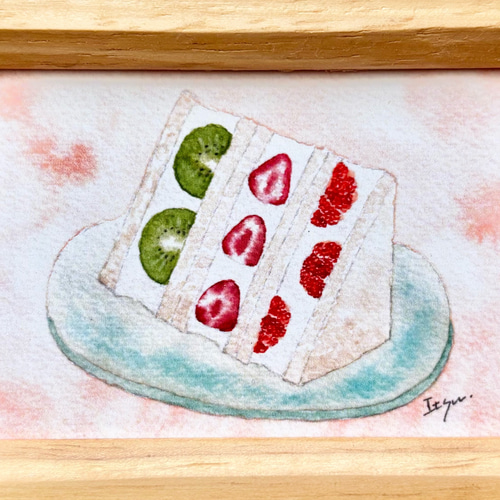 透明水彩画 ミニ額「フルーツサンド」北欧イラスト プチギフト 苺