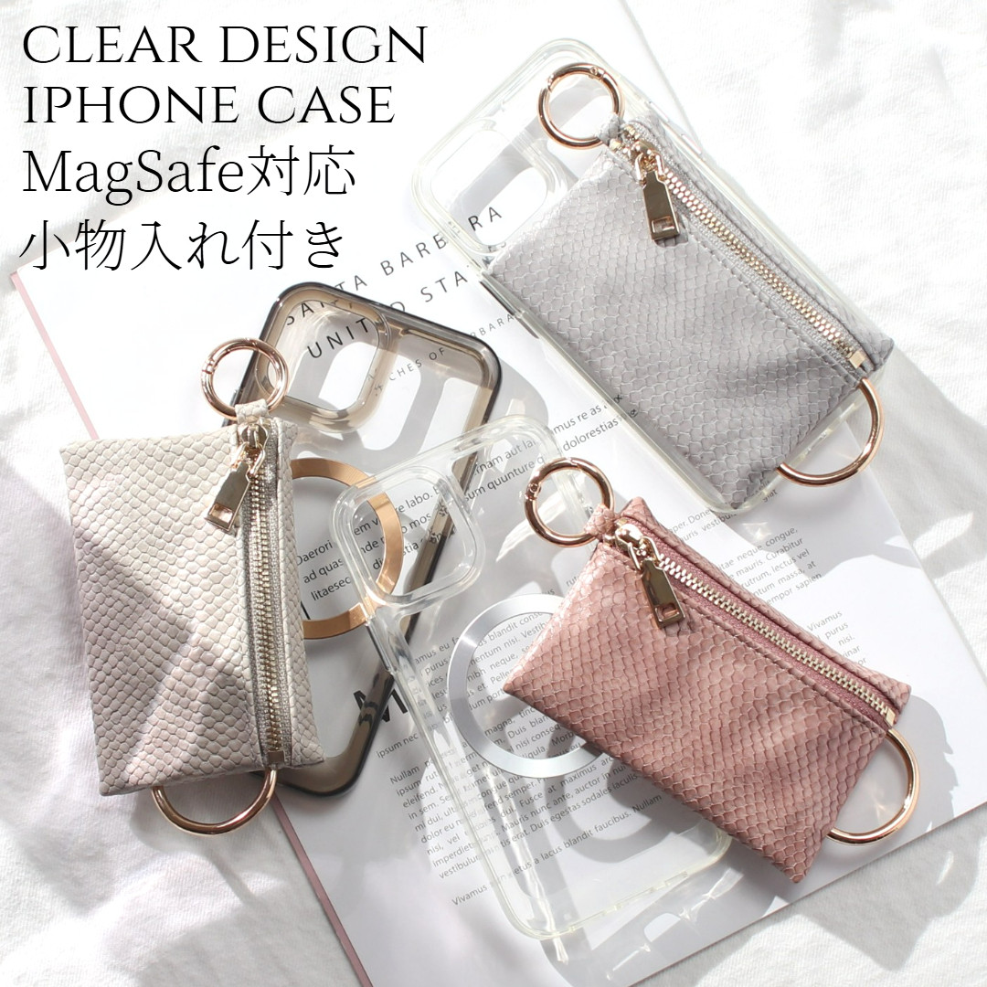 iPhone14 ケース クリア 小銭入れ 14Plus 14Pro MAX マグセーフ へび柄 カード入れ きらきら