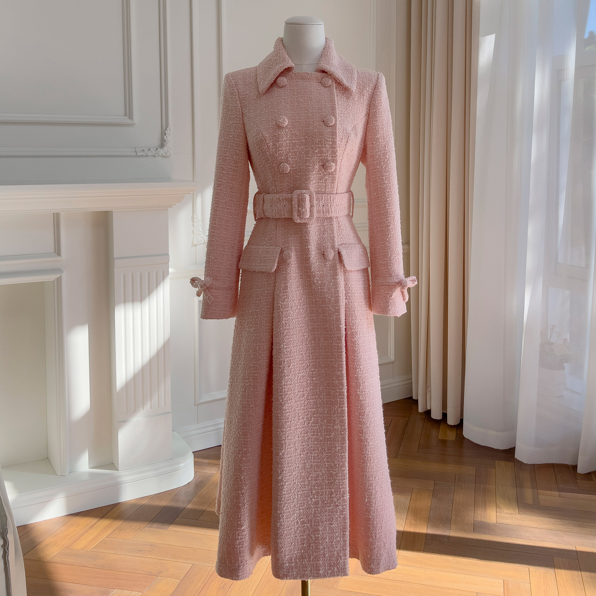秋冬 ロングアウター ウェディングドレス パーティー ツイード ピンク 高級感 上品 韓国風 お呼ばれ 91603