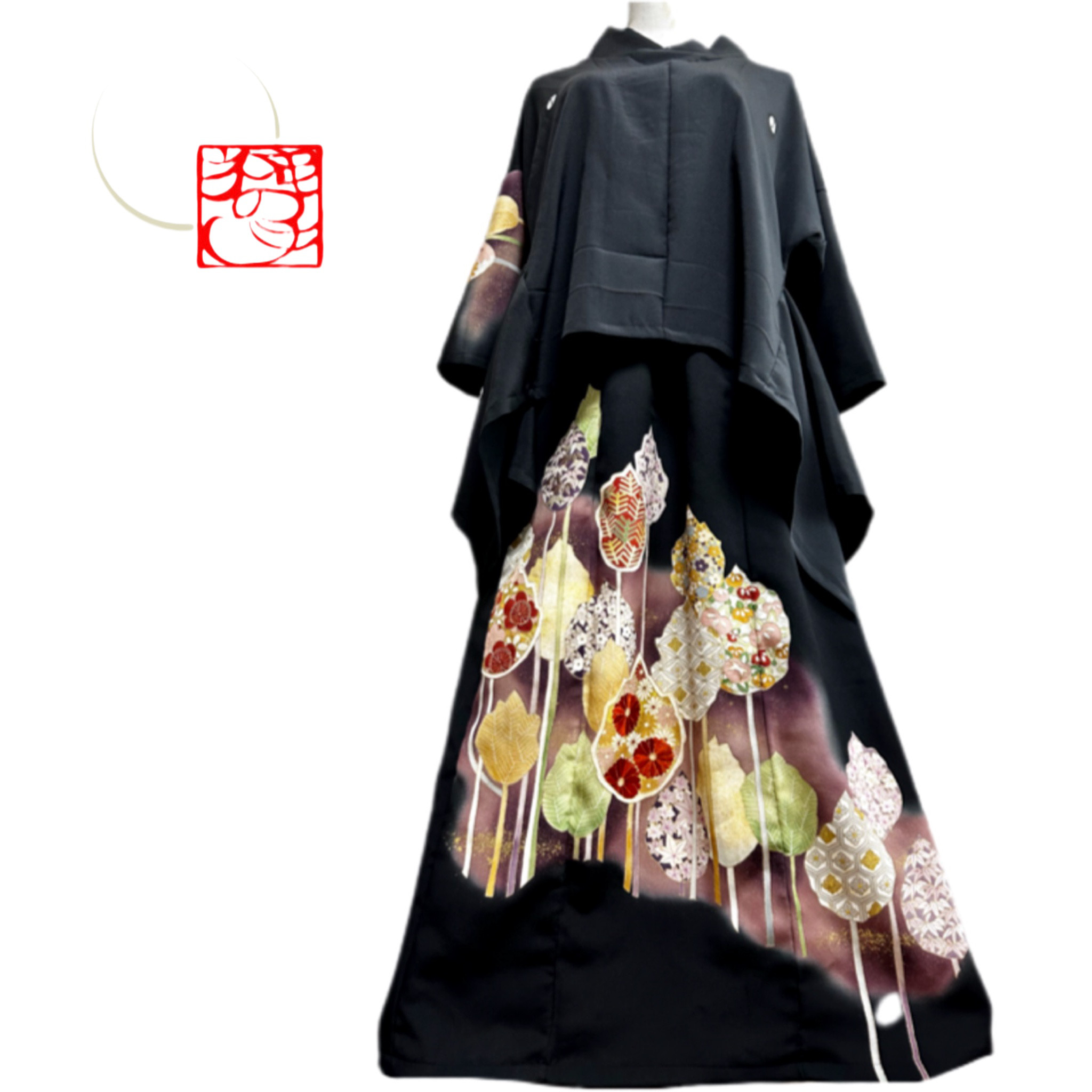 留袖リメイク　コート　トップス　セットアップ　ブラック