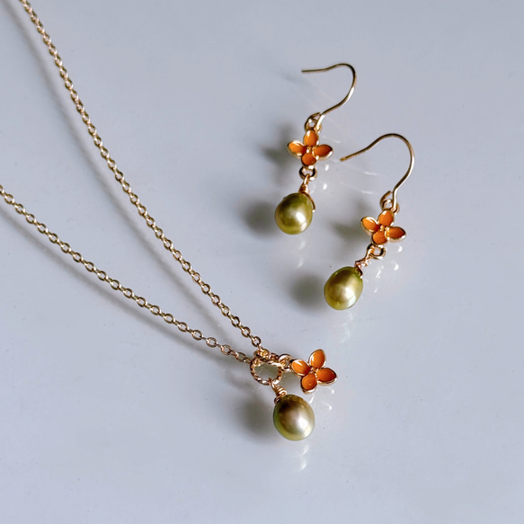 【四合一】橄欖綠珍珠桂花項鍊，14kgf，低過敏性，生日禮物 第10張的照片