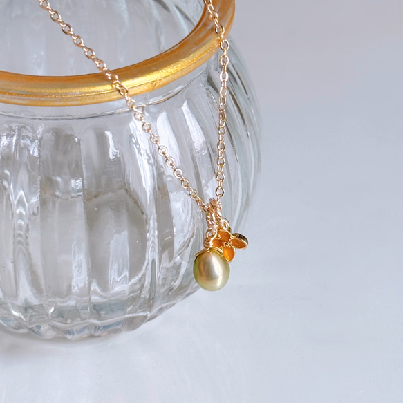 【四合一】橄欖綠珍珠桂花項鍊，14kgf，低過敏性，生日禮物 第11張的照片