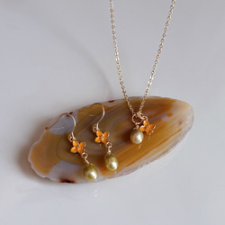 【四合一】橄欖綠珍珠桂花項鍊，14kgf，低過敏性，生日禮物 第3張的照片