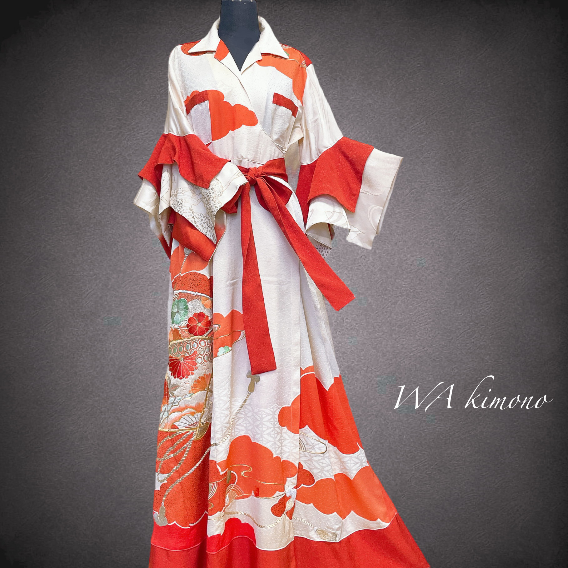 マキシ丈 舞台映え抜群！カシュクールワンピース 着物リメイク オレンジ 生成り N70815