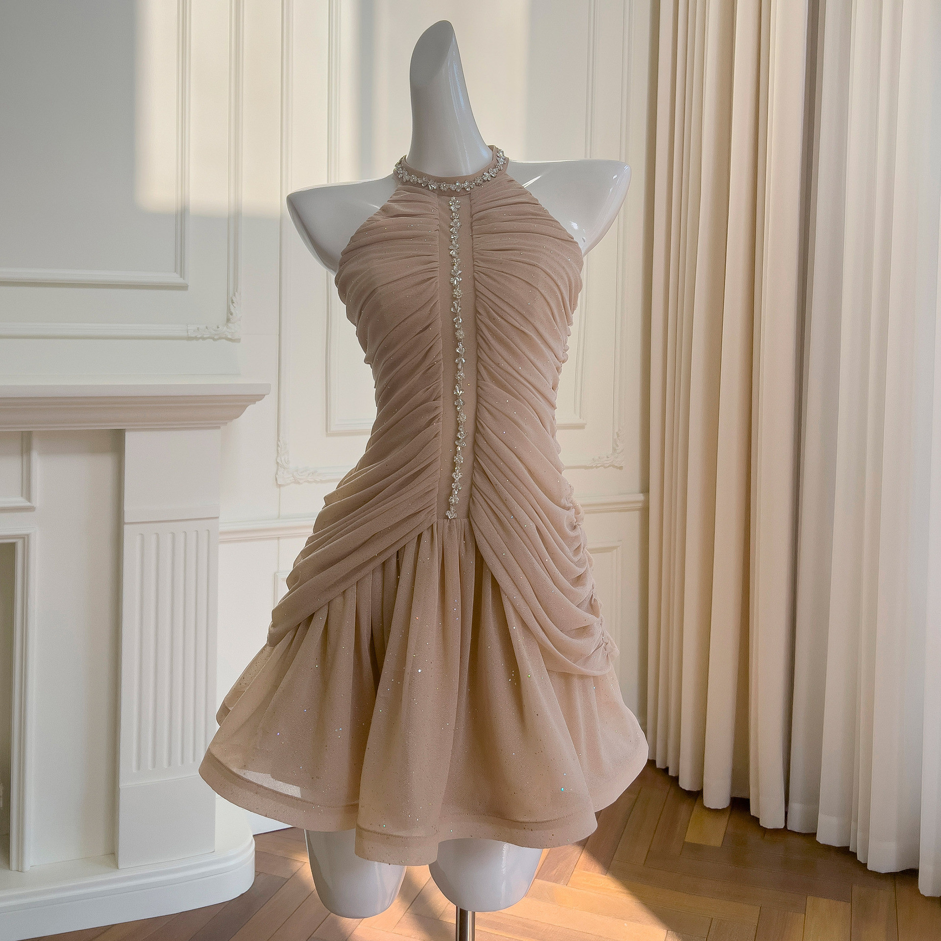 カラードレス ウェディングドレス プリンセス ショート ベージュ韓国風 パーティー 前撮り お呼ばれ A9038