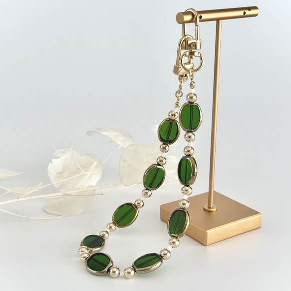 鑲金邊玻璃珠手帶 - 綠色（智慧型手機配件/手機掛繩） 第1張的照片