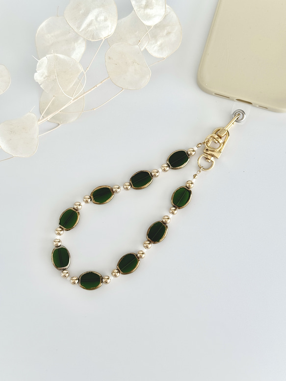 鑲金邊玻璃珠手帶 - 綠色（智慧型手機配件/手機掛繩） 第4張的照片