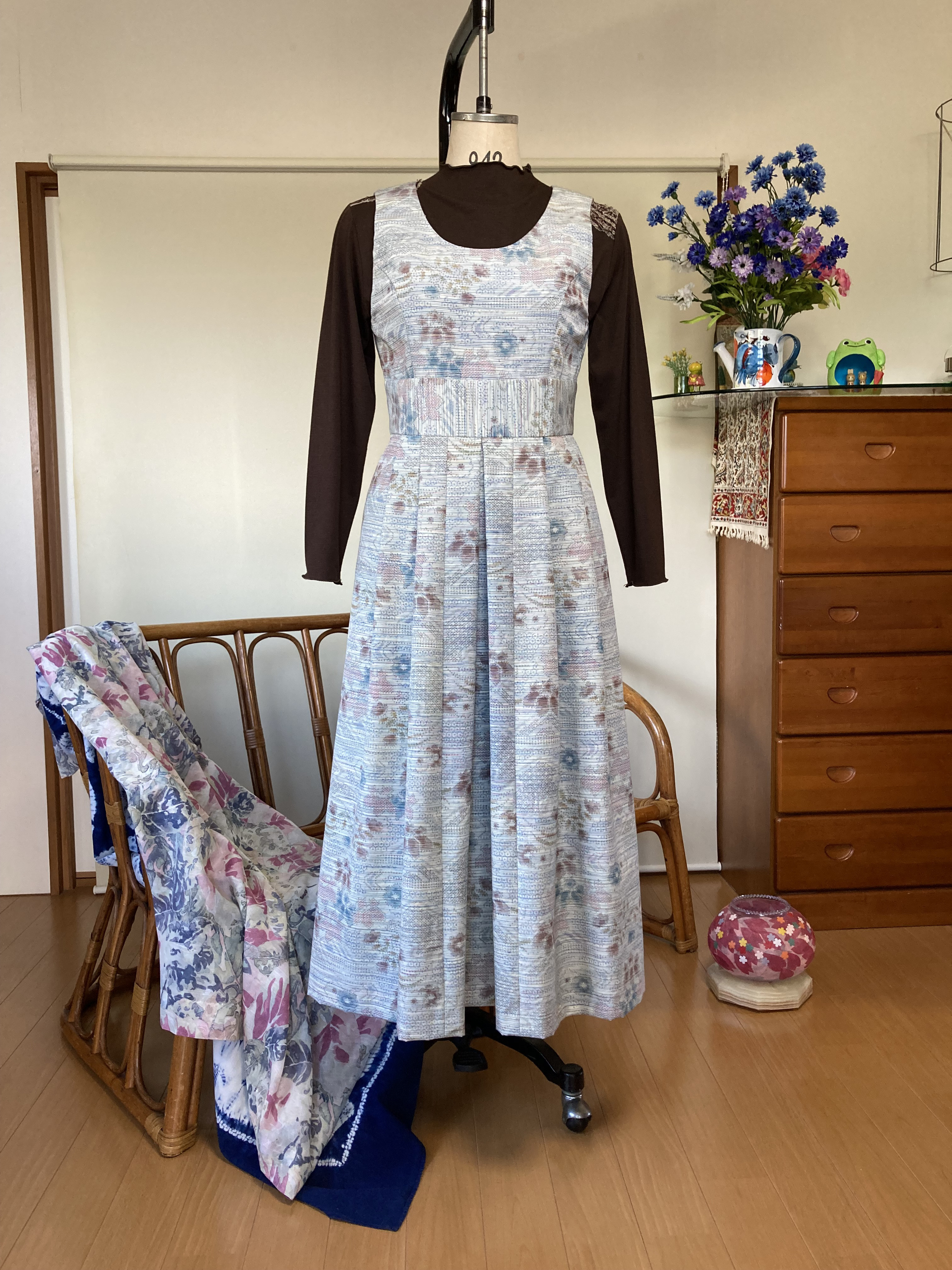 サロペットスカート　シルク100%  紬