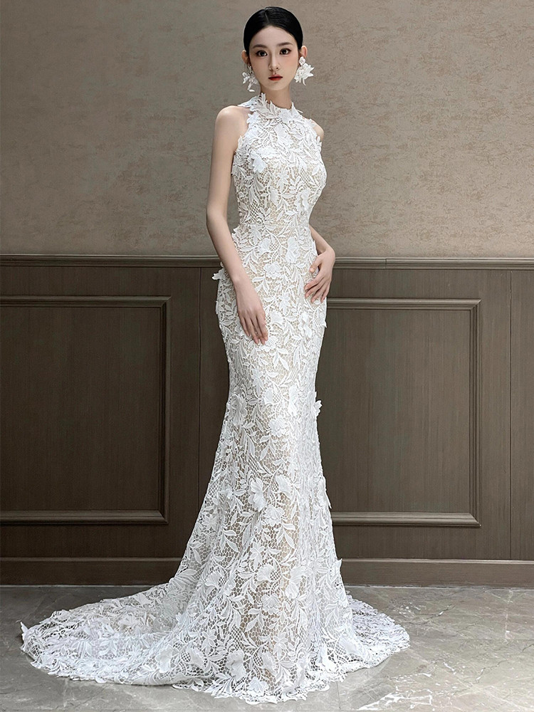 レース マーメイドドレス ウェディングドレス ホルター 白ベージュ 韓国風 花嫁 前撮り お呼ばれ AK003