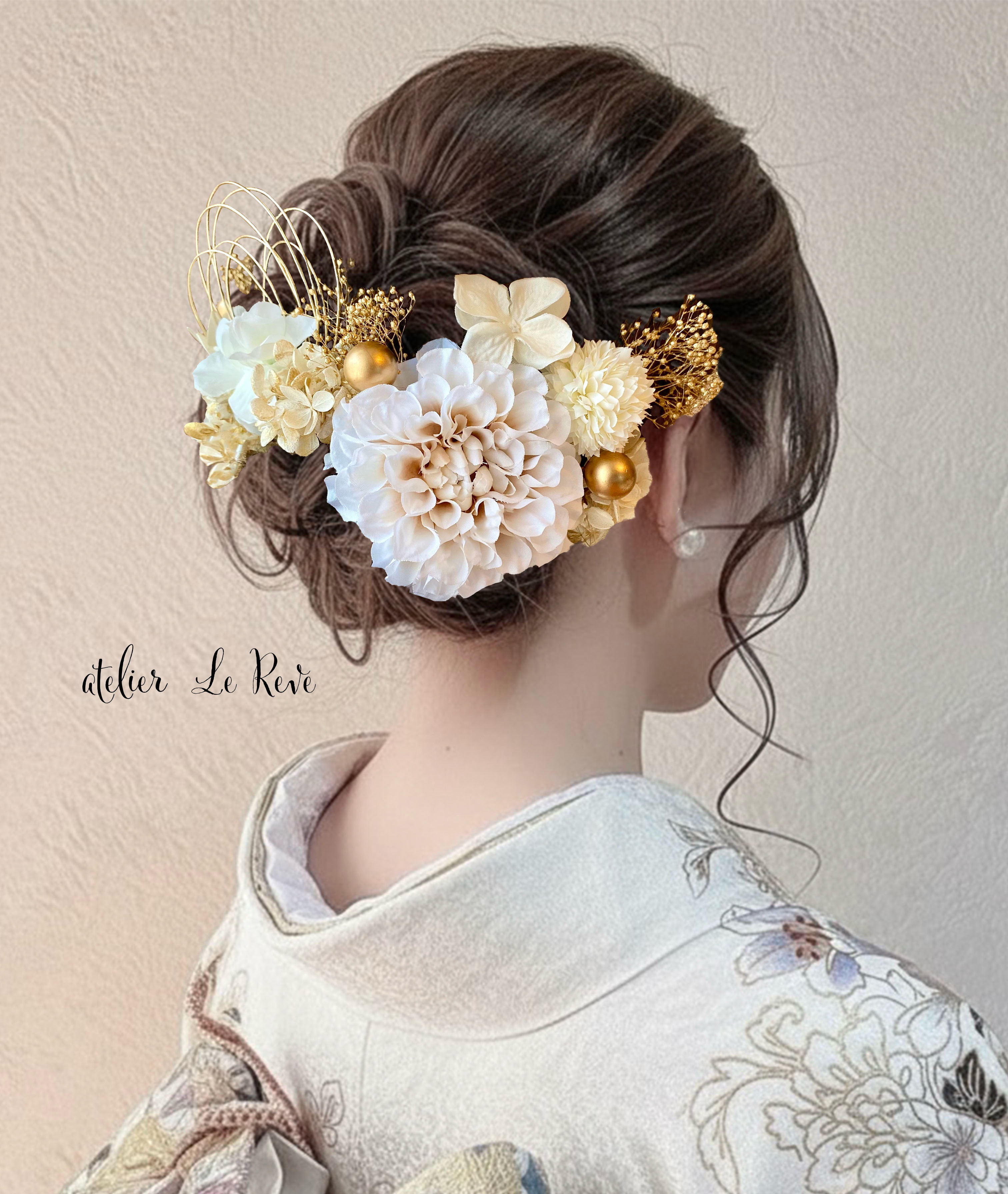 成人式　髪飾り　結婚式　アイボリーダリア　ホワイトゴールド　白無垢　和装　白　水引　成人式用髪飾り　白無垢髪飾り 5,005円