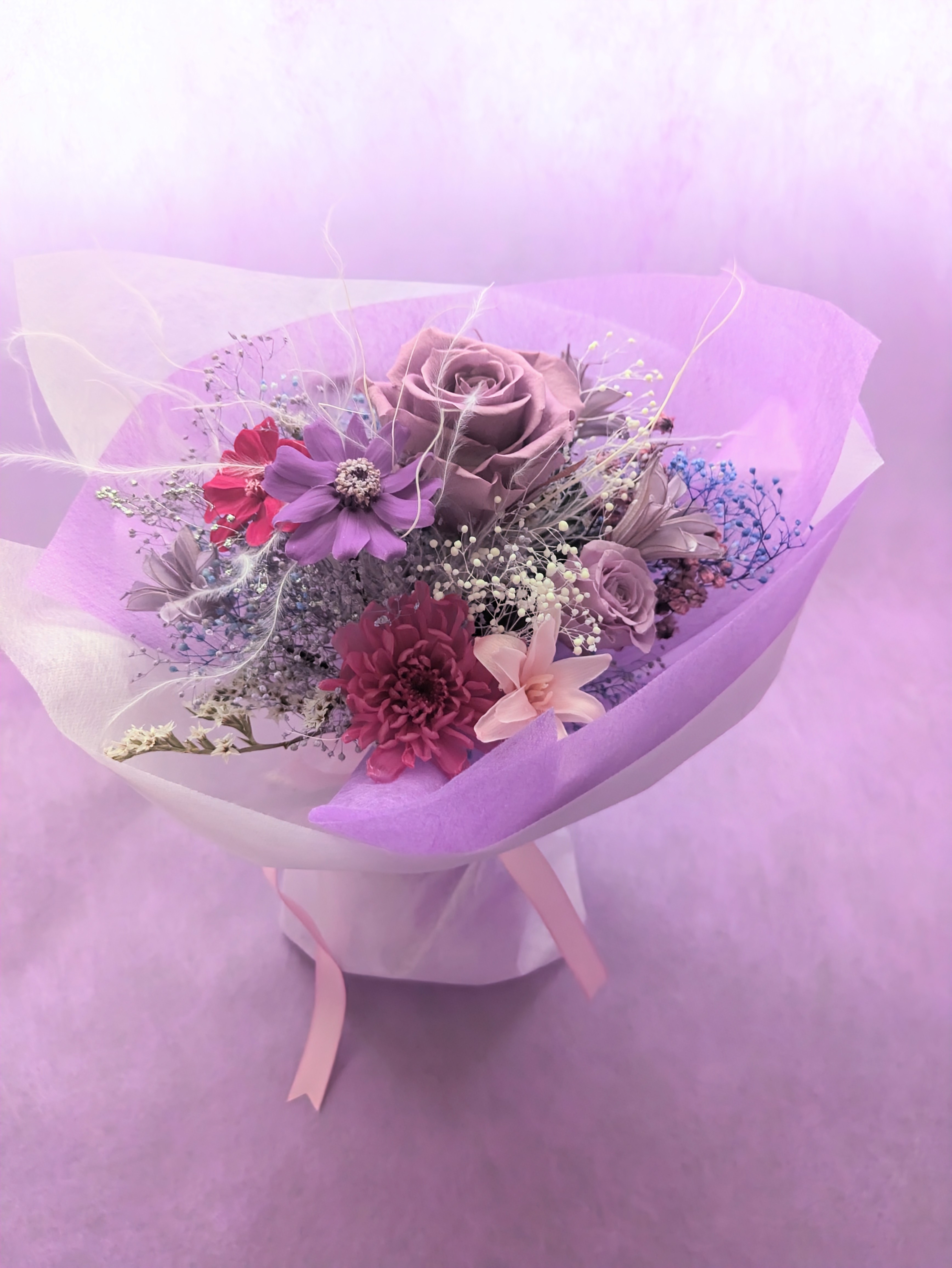 プリザーブドフラワーラベンダーとフローラルな香り漂うフレグランス花束／夕暮れの癒し(香りありなし選択できます) 5,082円