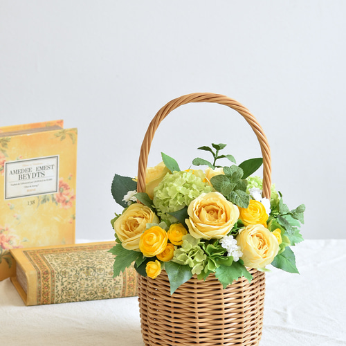 限定1点】黄色いバラを使ったバスケットアレンジメントⒷ アーティ