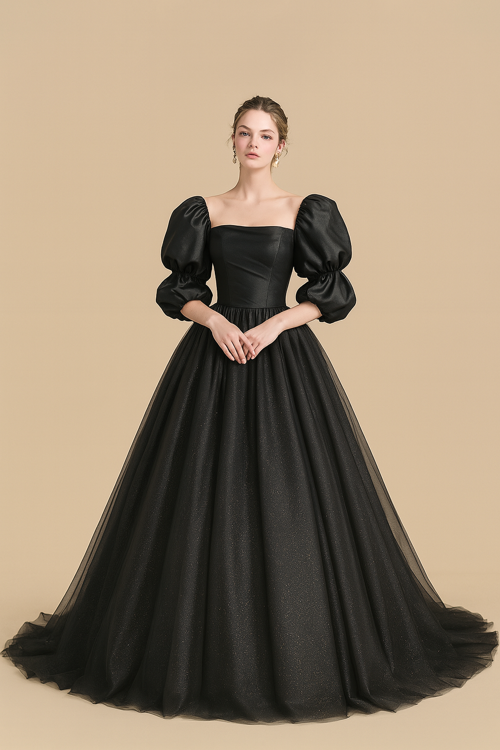 送料無料！カラードレス ブラック パフスリーブドレス グリッタードレス 細見えシルエット 花嫁/ウェディングドレス