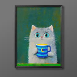 絵画。原画【シャム猫は週末にきれいで暖かい部屋を配置してからコーヒーを飲みます】 絵画 。原画【チーズケーキの上で楽しく踊る太ったシャム猫