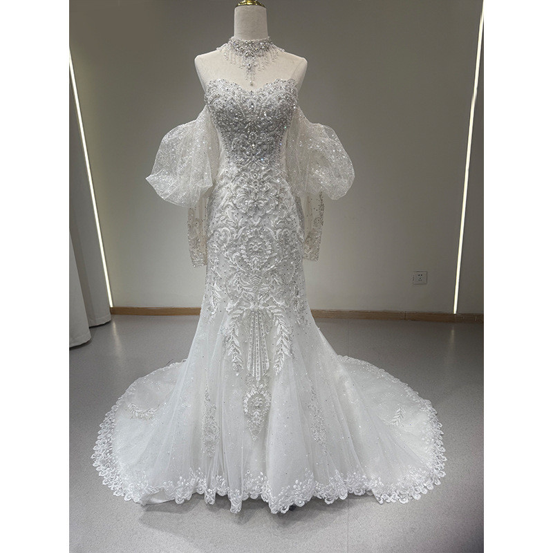 レース マーメイドドレス ウェディングドレス 白 ノースリーブ 高級感 上品 花嫁 結婚式 前撮り お呼ばれ AK011
