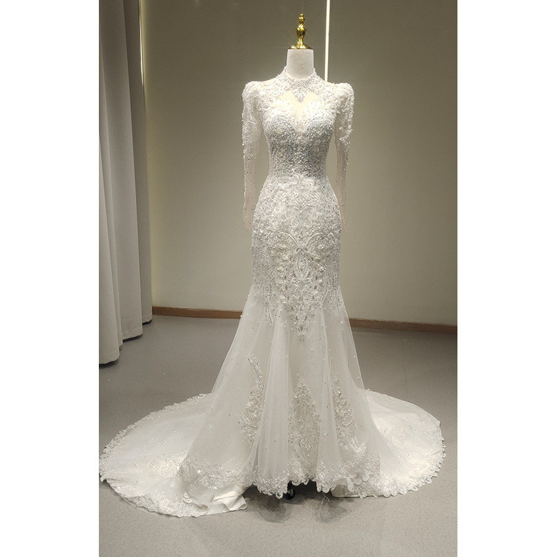 豪華レース長袖 トレンドレス ウェディングドレス 白 裾引き 高級感 上品 花嫁 結婚式 前撮り お呼ばれ AK017