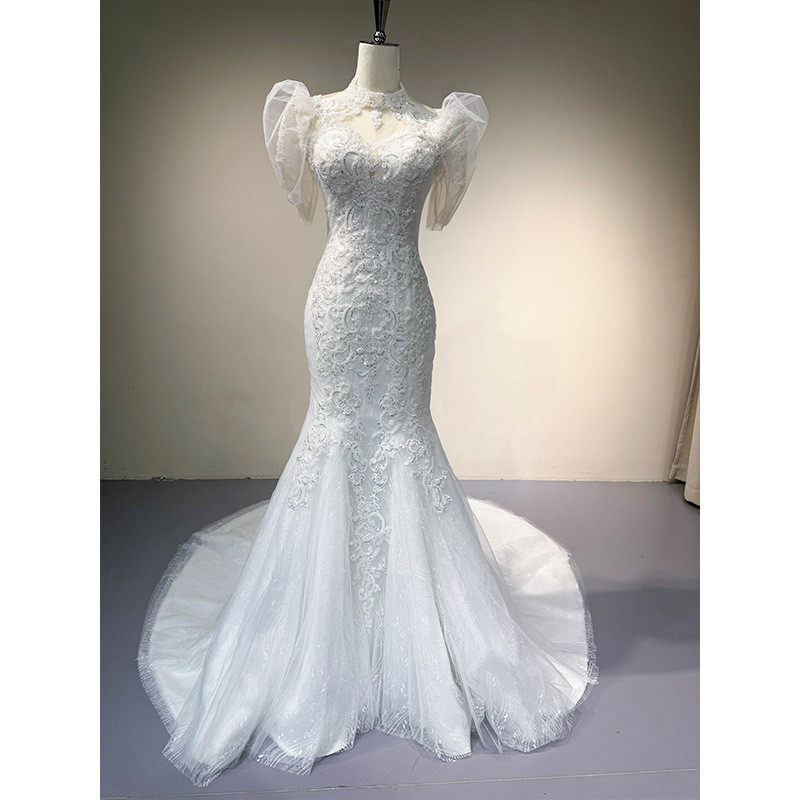 レース 豪華 トレンドレス ウェディングドレス 白 裾引き 半袖 高級感上品 花嫁 結婚式 前撮り お呼ばれ AK028