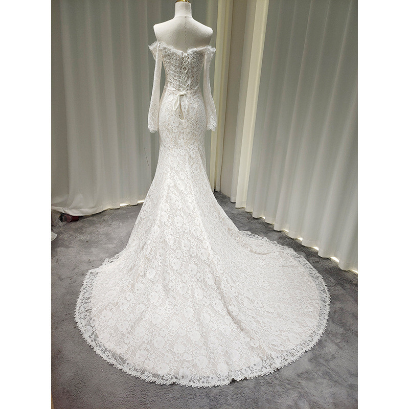 レース 長袖 トレンドレス ウェディングドレス 白 裾引き 綺麗 高級感上品 花嫁 結婚式 前撮り お呼ばれ AK029