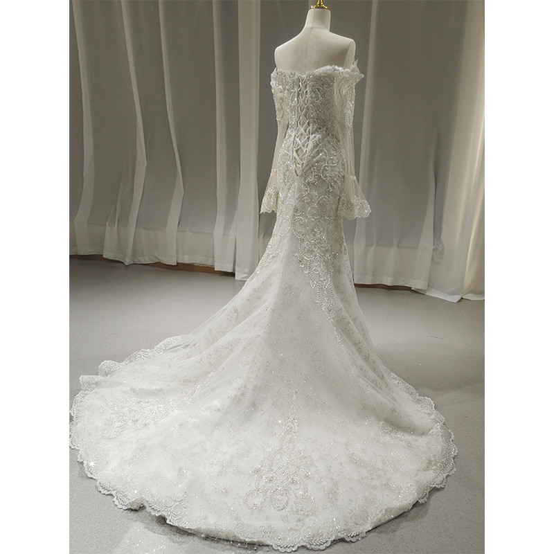 レース 長袖 Vネック トレンドレス ウェディングドレス 白 裾引き 高級感 花嫁 結婚式 前撮り お呼ばれ AK031