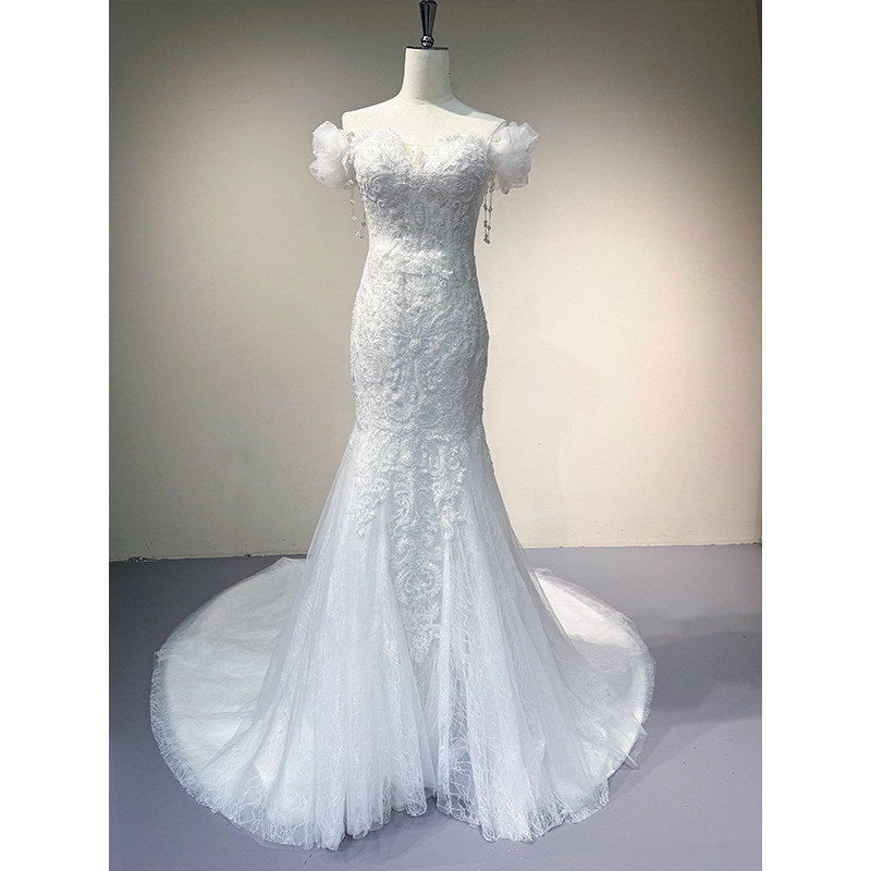 レース トレンドレス ウェディングドレス 白 裾引き 痩せる 高級感 上品 花嫁 結婚式 前撮り お呼ばれ AK033